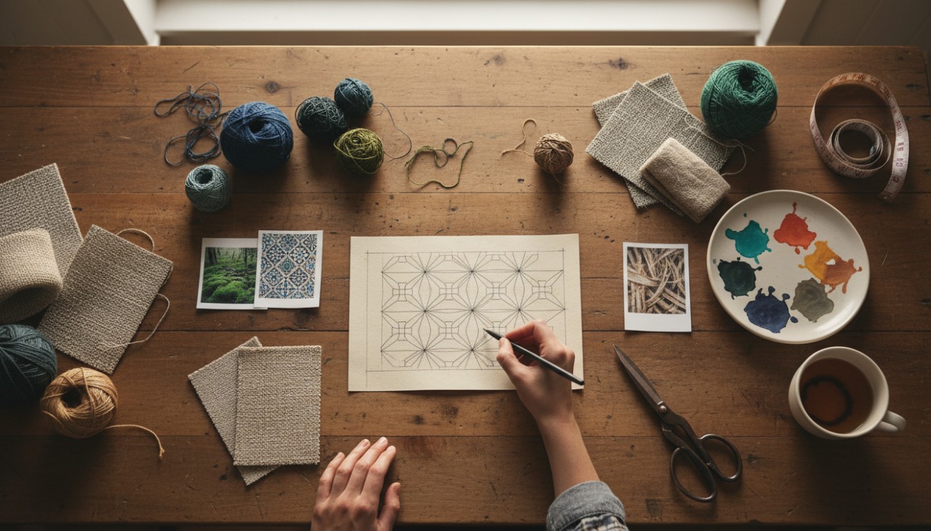 Custom upholstery fabric development process with yarns, swatches, color palette, pattern sketch, and material planning for furniture brands